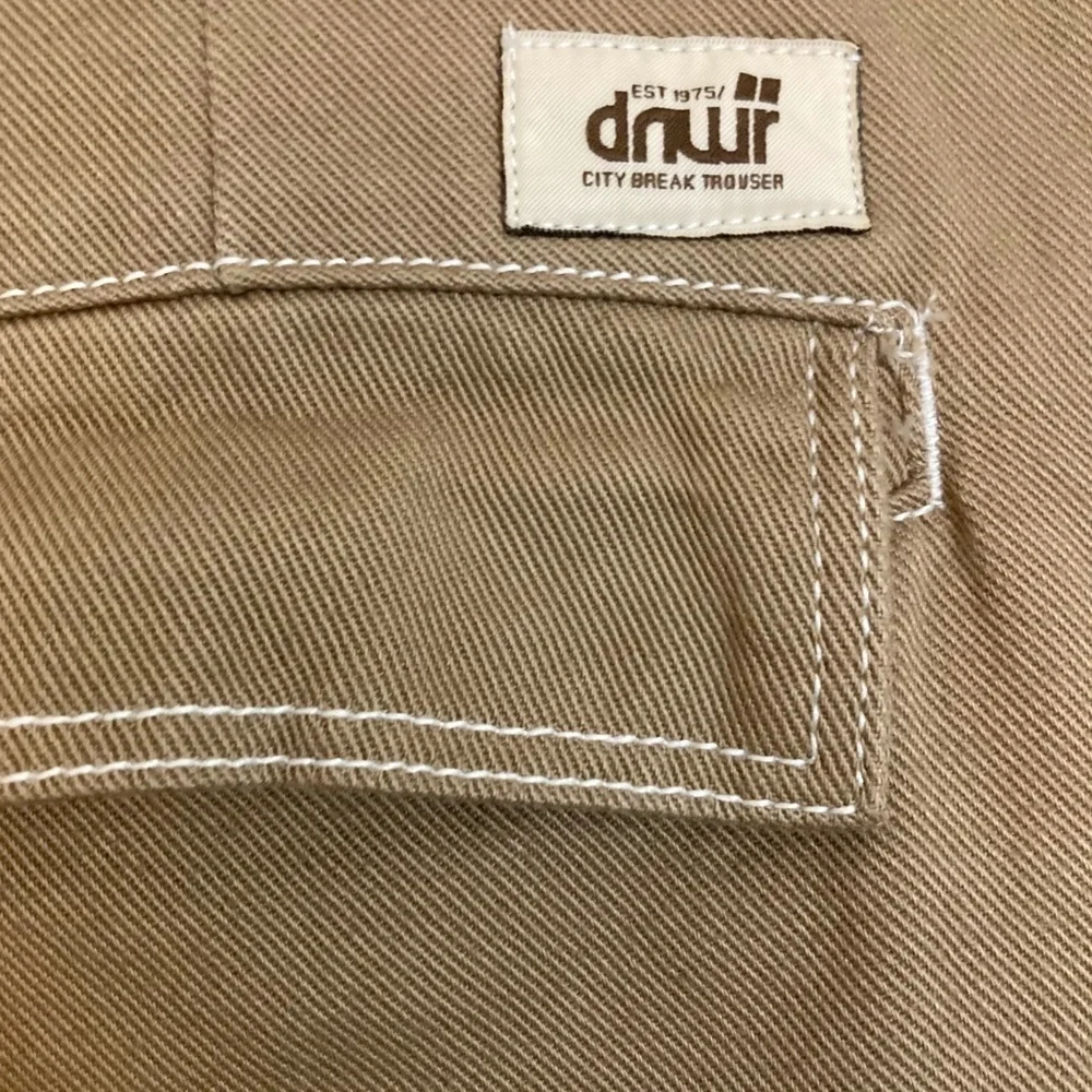 ZARA Denim Cargo Pants 34 Brown Topstitched Straight Baggy Drawstring Leg